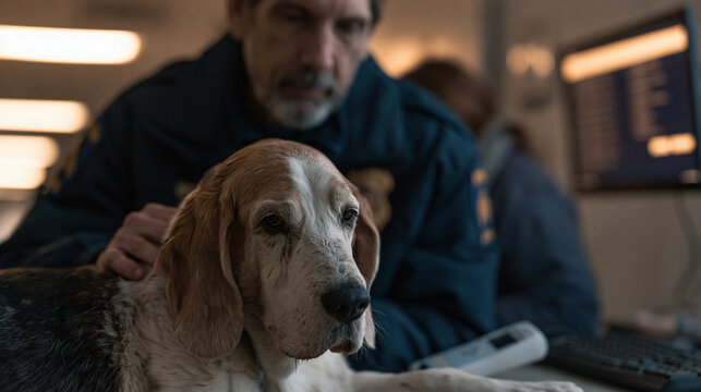 Animal control officer in municipal facility hallway gently scanning lost senior beagle with handheld microchip reader while shelter intake coordinator cross-references registration database on wall