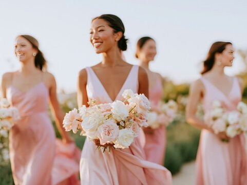 Asian bride and bridesmaids in pink dresses walking outdoors, holding bouquets of white and pink flowers, surrounded by greenery and soft sunlight in a picturesque setting