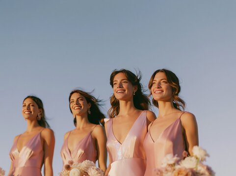 Four bridesmaids in elegant pink dresses stand together outdoors, holding floral bouquets against a clear blue sky, showcasing their joyful expressions and flowing hair