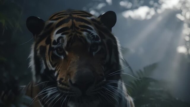 Majestic Tiger Roaring in Lush Jungle with Sunbeams