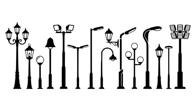 Various street lamps and light posts in a vector illustration