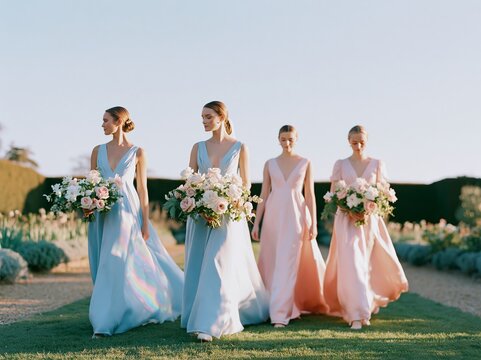 Bride and three bridesmaids in pastel dresses walking together in a garden, each holding bouquets of flowers, surrounded by greenery and a clear blue sky