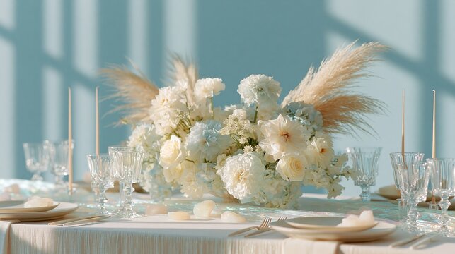 Ethereal opalite wedding tablescape featuring white floral centerpiece, elegant glassware, and soft pastel plates arranged on a light-colored tablecloth in a bright setting