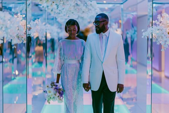Newlywed couple walking hand in hand through a mirrored corridor adorned with flowers, showcasing elegant attire and a modern wedding atmosphere