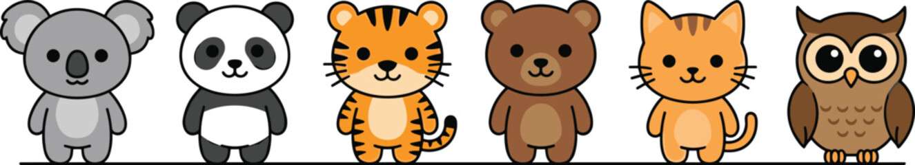 Obraz premium Cute Kawaii Baby Animals Vector Character Set with Happy Cartoon Koala Panda Tiger Teddy Bear Cat and Owl Icons for Kids Nursery Graphics