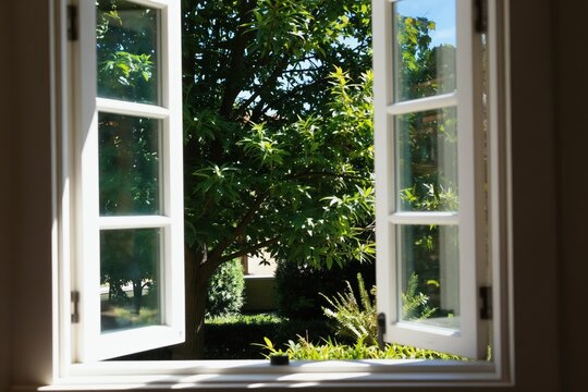 Open white window frame looks out onto rich green garden with trees and plants. Sunlight streams into room, creating bright natural ambiance. Blue sky visible through leafy branches.