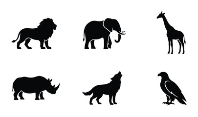 African Wildlife Silhouette Icons: Lion, Elephant, Giraffe, Rhino, Wolf, Eagle Vector Set © Shahnaz