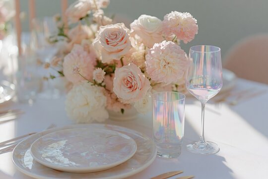 Elegant wedding table setting featuring opalite glassware, pearl-toned plates, and a floral centerpiece with soft pink roses and white blooms in a sophisticated dining arrangement