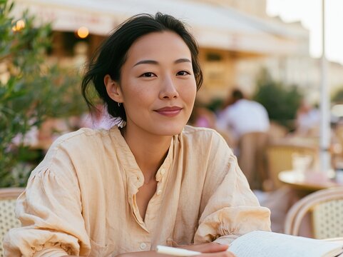 East Asian woman seated at outdoor cafe table, wearing a light-colored blouse, with a notebook and pen, surrounded by blurred patrons and greenery in the background