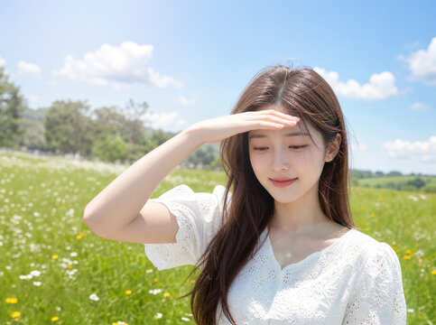 초록 들판에서 눈부심을 막는 여성 / Woman Blocking Glare in a Green Field