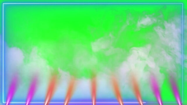 Dynamic stage lighting with colorful beams of pink and orange light illuminating swirling white smoke against a vibrant green screen background creating an energetic