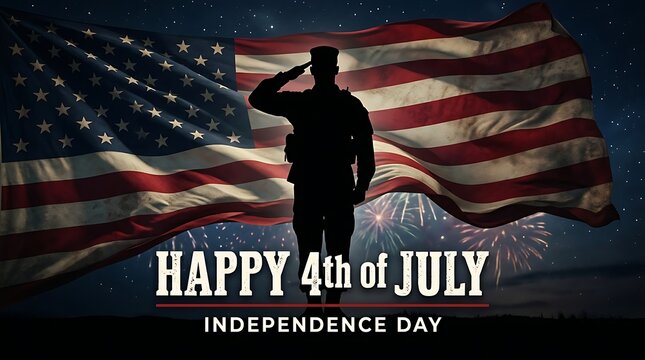 Silhouette of a soldier saluting in front of an american flag with fireworks on independence day