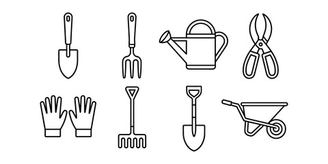 Set of black outline garden tools including trowel fork watering can pruners gloves rake shovel and  wheelbarrow in white background © Creative Tania