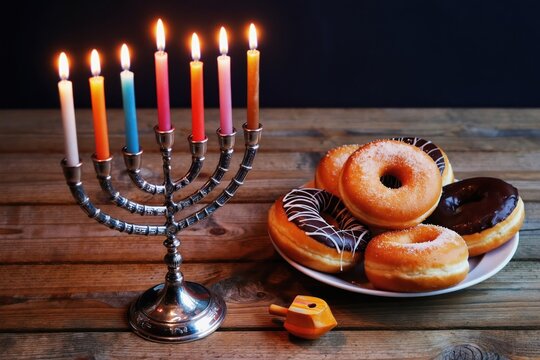 Silver menorah with lit colorful candles on wooden table. Plate of donuts and dreidel nearby. Jewish holiday celebration, tradition and sweets.