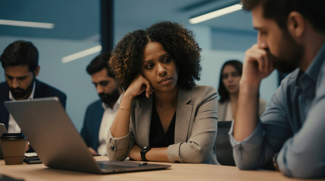 Diverse office team in meeting feels stressed and unheard. Woman looks bored, man rests head on hand. Exhausted employees listen, show frustration. Team conflict arises, understanding lacking.