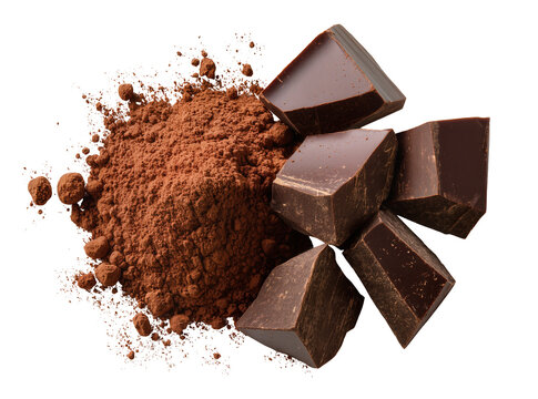 Isolated dark chocolate chunks and rich cocoa powder, sweet delicious dessert ingredients.