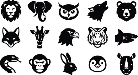 Black silhouettes of 16 different animal heads, on white background, lion © Graphic Shops