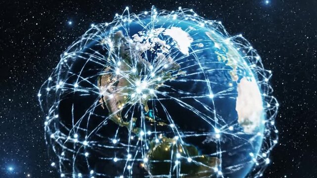 Digital Global Network Connection Around Earth in Space Animation