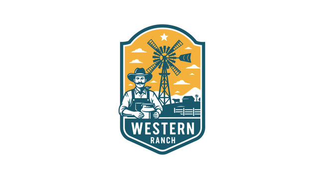 Western Ranch Logo with Cowboy and Windmill.