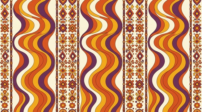 Retro psychedelic wavy stripe pattern with geometric tribal border detail 1970s inspired design