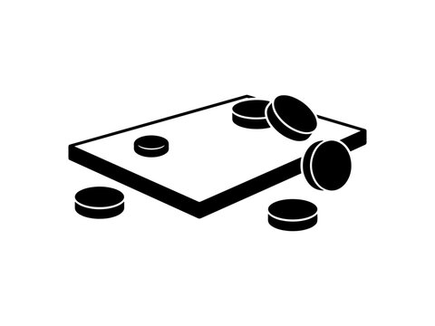 A black and white vector graphic representing the traditional French pucks game, Jeu de Palets Breton, featuring metal pucks on a wooden board.