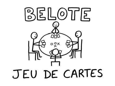 A minimalist black and white stick figure illustration showing four people sitting around a table playing a traditional game of Belote.