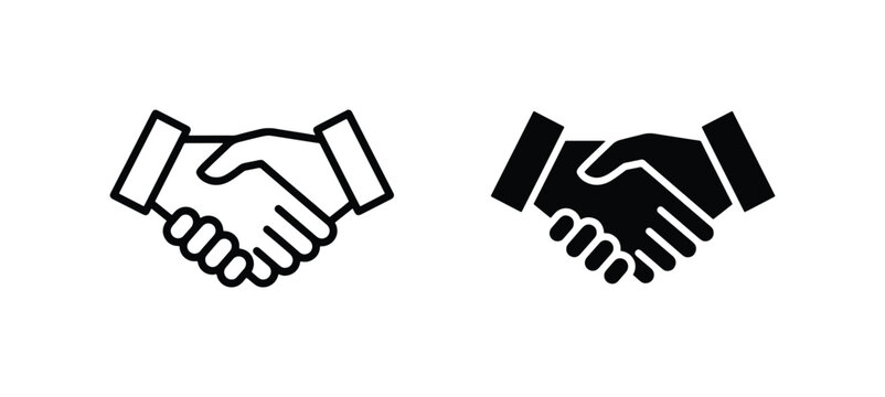 Handshake Icons: Agreement, Partnership, and Trust Symbols. Two vector graphics representing a handshake, one outlined and one solid black, conveying business collaboration and successful deals.