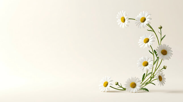 Graceful arc of fresh white daisy flowers on a clean ivory backdrop, offering serene copy space for tranquil designs