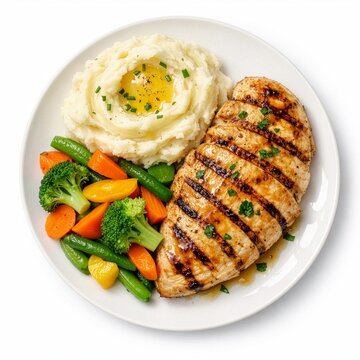 Grilled Chicken with Mushroom Sauce, Mashed Potatoes and Vegetables Isolated on a White Background