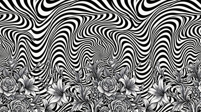Black and white hypnotic optical illusion stripes with floral border and roses lilies illustration
