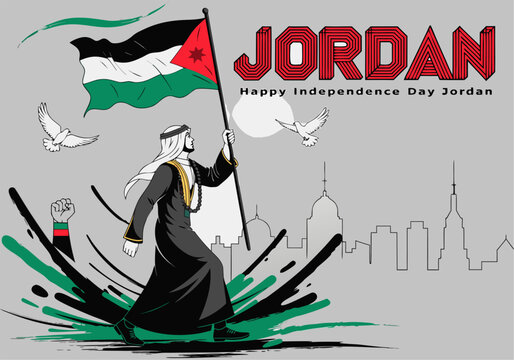 Vector illustration of a man waving the jordanian flag on independence day
