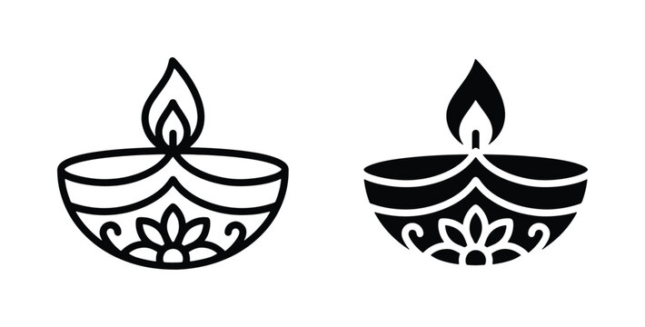 Diwali Diya Icons, Traditional Oil Lamp Vector Graphics, Festival of Lights Symbol, Indian Culture Celebration