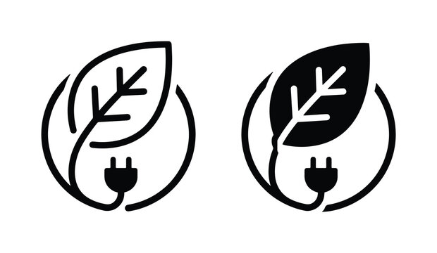 Eco-friendly energy icons, renewable power symbols, green technology concepts, clean electricity, leaf and plug vector graphics