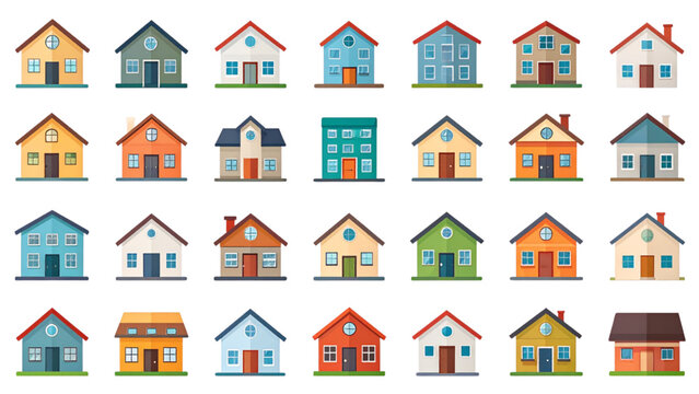 Flat vector icon set of residential buildings including house, apartment, condo, villa, mansion, cottage, studio, and townhouse. Ideal for real estate and UI use