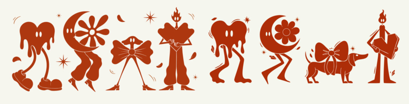 Collection of whimsical melting cartoon characters and shapes in orange