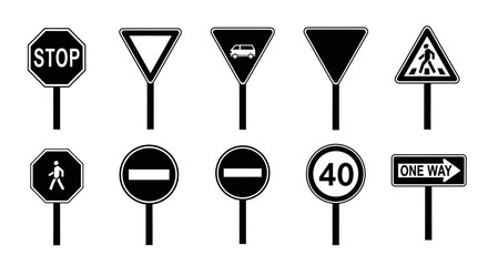 Traffic signs collection black silhouettes on a white background © Kobita