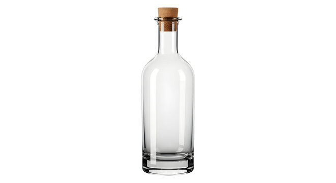 A clear glass bottle with a cork stopper on transparent background