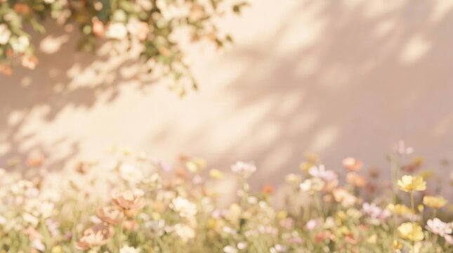 Soft summer background with pastel flower and blurry foliage shadow on beige wall. Romantic nature scene with bright warm sunlight. Aesthetic garden concept for seasonal greeting card.