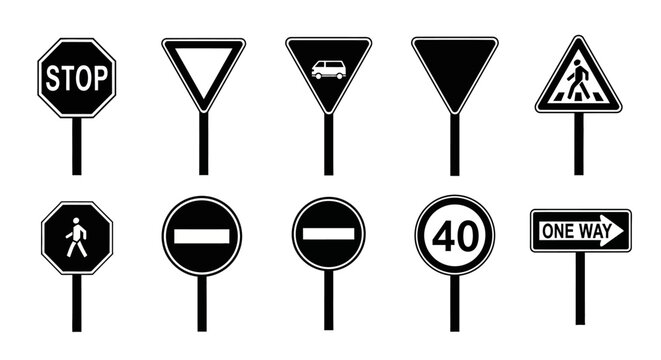 Traffic signs collection black silhouettes on a white background