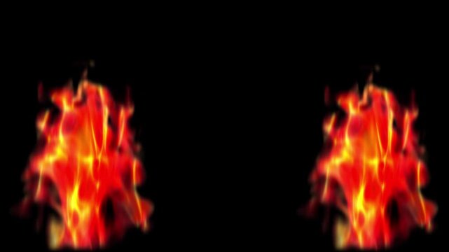 Realistic dual fire flames burning on left and right sides, isolated campfire frame on black background, Intense hot orange fire flame borders left and right, seamless looping blazing element 4K HD