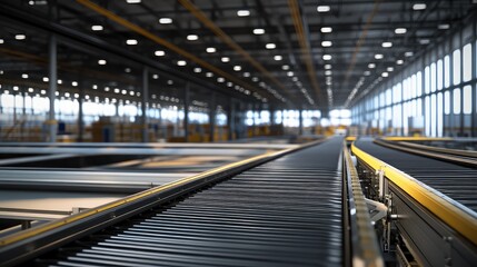Fototapeta premium Modern industrial warehouse facilities featuring interconnected conveyor belt systems for efficient sorting and distribution, representing advanced logistics and supply chain automation