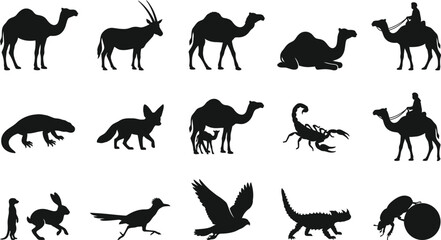 Black silhouettes of desert animals and mythical creatures, including camels, birds, and reptiles animal silhouettes © Graphic Shops