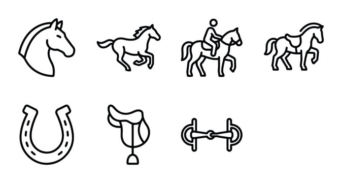 Horse Riding Icons Set, Equestrian Equipment Vector Graphics, Horse Head, Saddle, Horseshoe, Bridle, Rider Silhouette, Animal Silhouette, Sport Icons