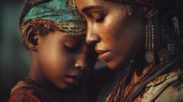 Woman and child embrace affection