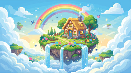 Obraz premium Whimsical fantasy house, floating island, rainbow, waterfalls, cartoon landscape, colorful illustration, dreamy scenery