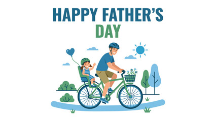 Naklejka premium Happy Father's Day: A cheerful illustration captures the bond between a father and child as they enjoy a bicycle ride together, surrounded by nature and celebrating a special day.