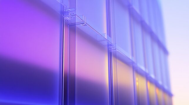 Abstract close up of a contemporary glass curtain wall on a building's exterior, reflecting a vibrant purple and orange sunset glow, creating a futuristic architectural background