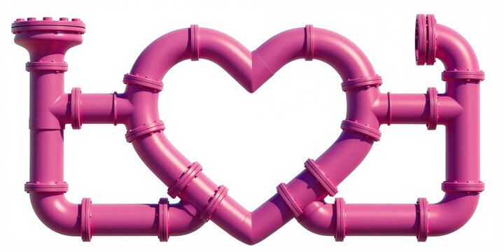Pink pipes form a heart shape against white background. Industrial plumbing elements connect in a unique, modern design. Symbolizes love, connection, or urban romance.