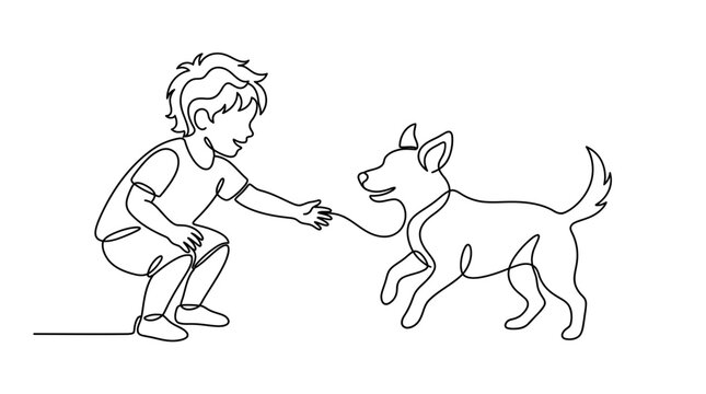 Continuous one line drawing of a boy playing with his dog.