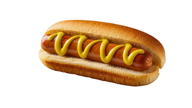 Isolated hot dog with yellow mustard and grilled frankfurter sausage in toasted bun